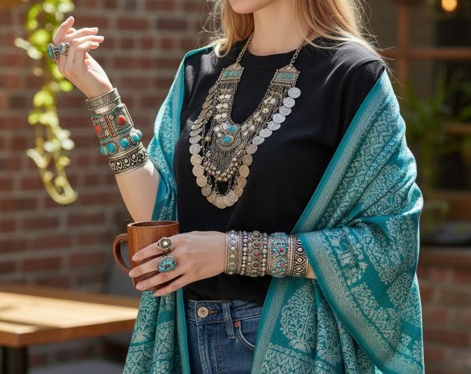 Cashmere Shawl-  Sea Green Pashmina scarf | Himalayan Nepal Handwoven  | Pure Wool Wrap | Artisan Gift