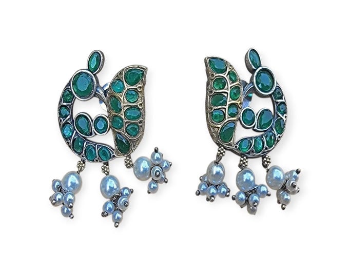 Jhumka earrings- Indian Silver Earrings- Emerald & Pearl Pakistani jewelry