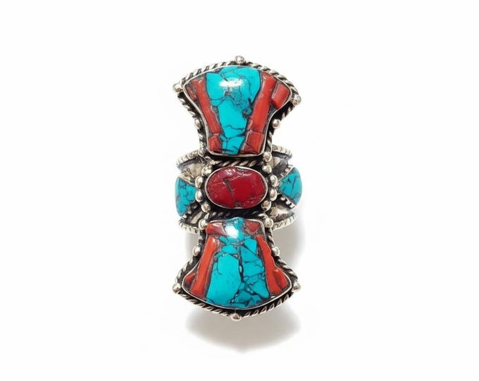 Sterling Silver Turquoise and Coral Ring – Nepali Jewelry, Size 9/10