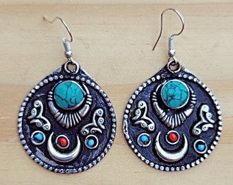 Turquoise earrings-  Dangle Earrings- Statement earrings- Cute Everyday Earrings- Hoop earrings- Afghan earrings- Silver earrings