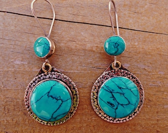 Turquoise stenen oorbel-Afghaanse tribale sieraden. Zilveren hangoorbel