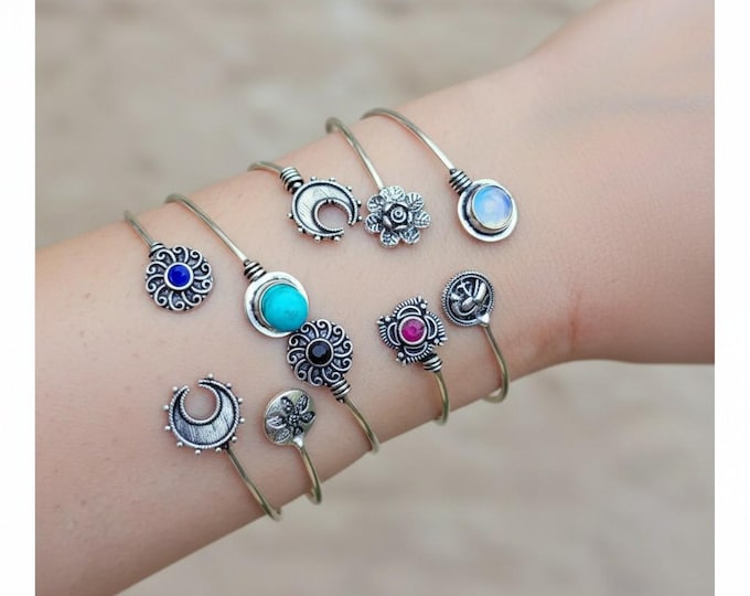 Boho Gemstone Stacking Bracelet: Tibetan Silver Bangle, Handmade in Nepal