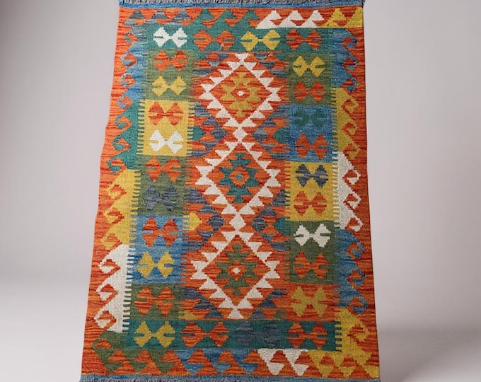 Green Turkish Rug: Bohemian Wool Floor Mat with Ethnic Design- Alleyway rug- Small space rug- Geometric Handmade rug- Turkish rug