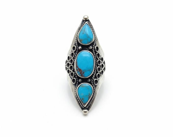Turquoise Saddle Ring: Afghan Silver Wirework Ring, Size 8