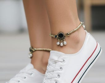 Bridal Anklet- Black aqeeq Jewelry- Gold accessories- Dainty jewels