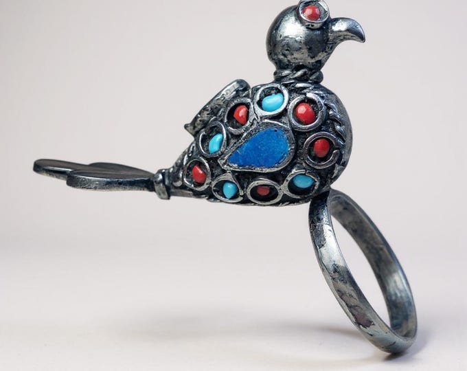 Bird ring- Lapis ring- Cocktail ring- Bohemian ring- Afghan jewelry- Tribal jewelry- Kuchi ring- Turquoise and lapis- Ethnic gifts