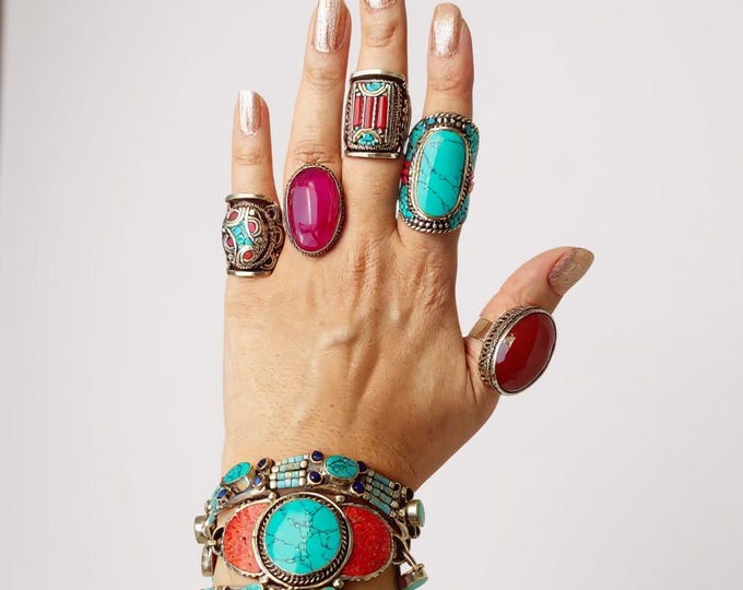 Blue Turquoise & Coral Ring: Nepali Jewelry-  Size 8