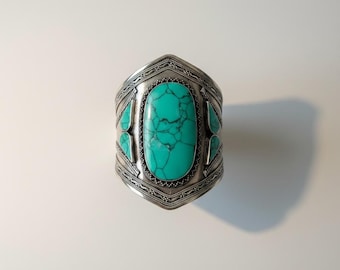 Pulsera Tribal Vintage Turquesa Bague Plata Cuff- Bague Turquesa- Vintage- Piedra Turquesa-