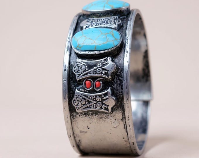 Statement bracelet- Blue Turquoise  Silver Cuff- Handmade Vintage Jewelry
