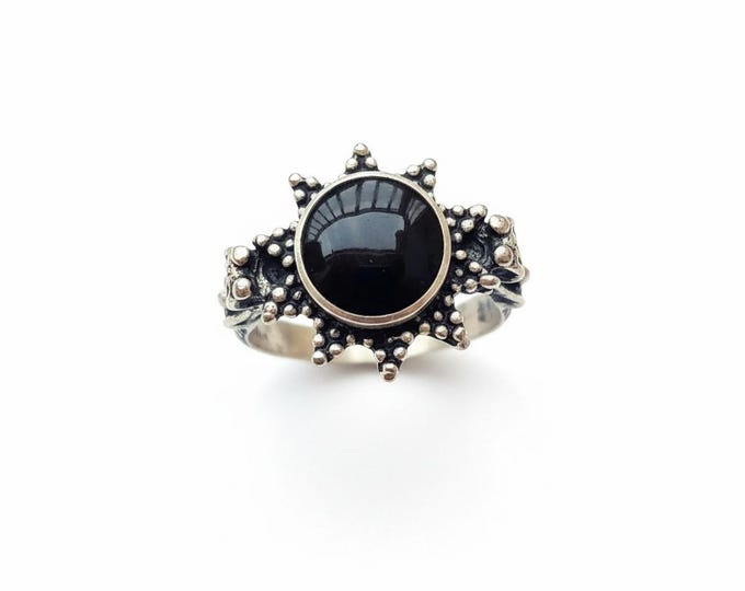 Black Aqeeq Ring: Tribal Silver engraved Jewelry- Size 8