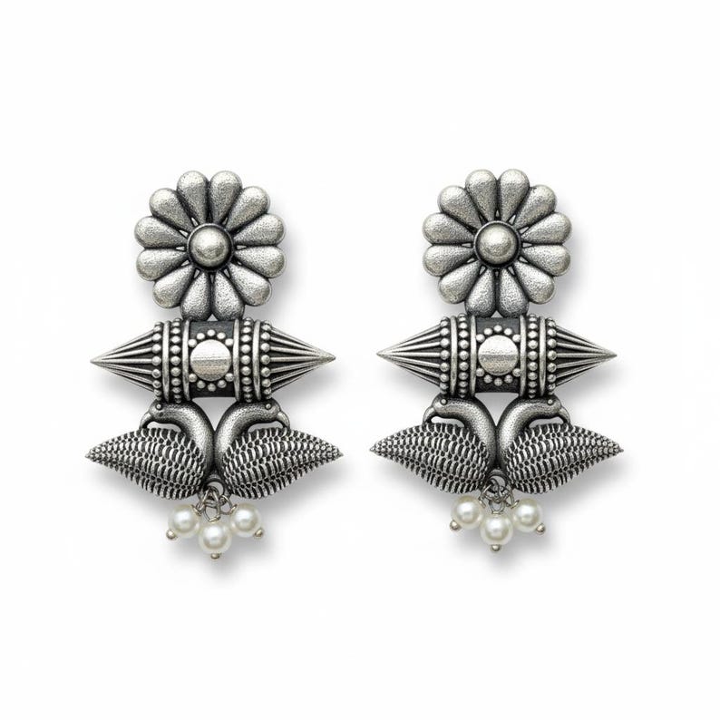 Jhumka-oorbellen - Indiase oorbellen - Tweekleurige zilveren oorbel - Etnische sieraden afbeelding 1