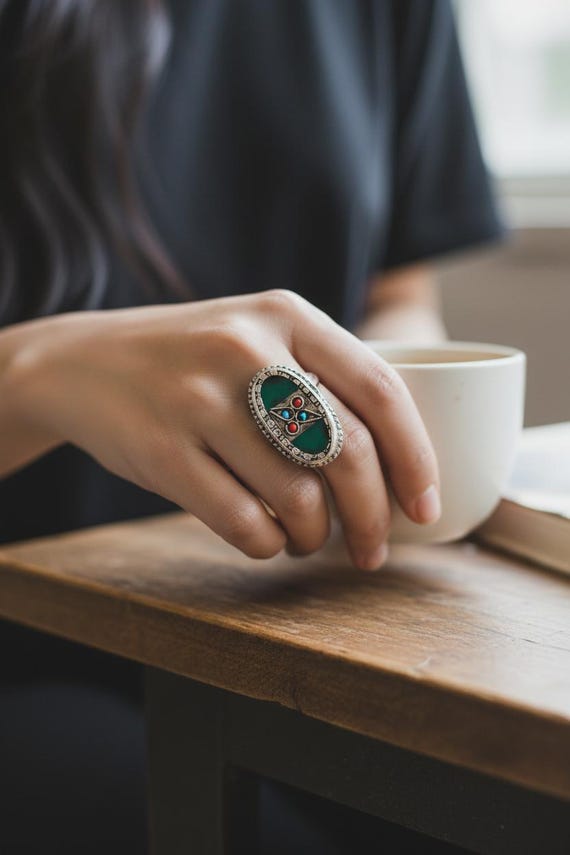 Statement ring- Green onyx Silver Ring- Tribal Af… - image 3