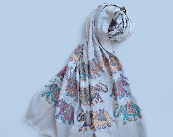 Pashmina Hand Woven Cashmere Scarf: Elephant Print Wrap - Winter Shawl