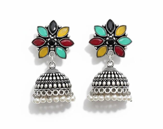 Jhumka earrings- Rainbow Indian Jewelry- Bridesmaids gifts- Pakistani silver earrings