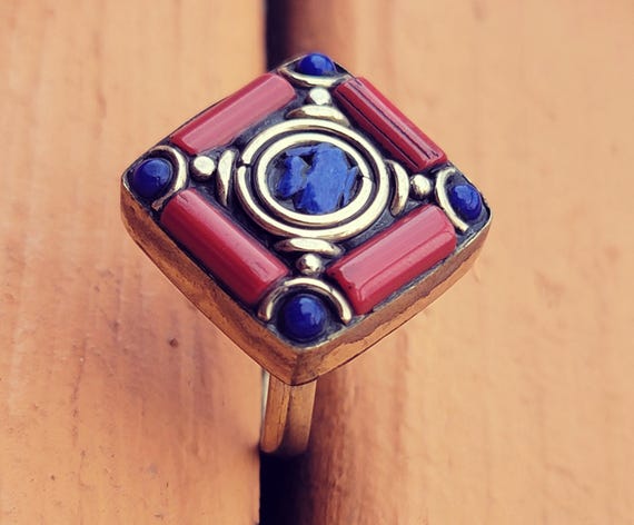 Lapis ring- Coral Mosaic ring-Nepali turquoise je… - image 4