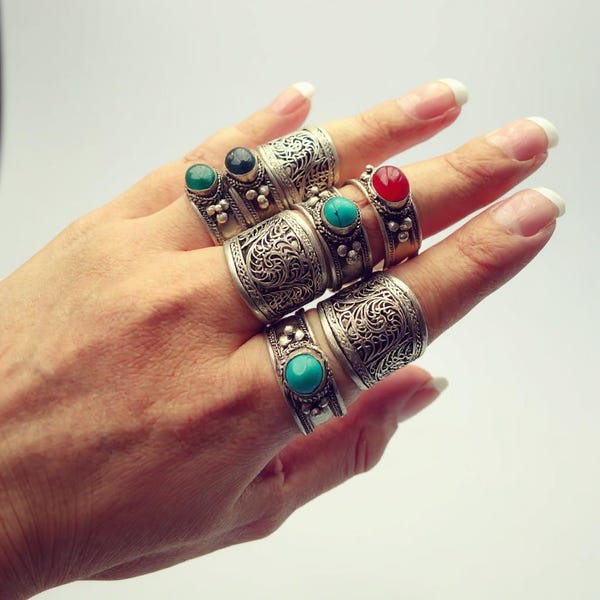 Silverfilgreenring - Justerbar knogaring - Buddhistiska smycken - Stapelring -