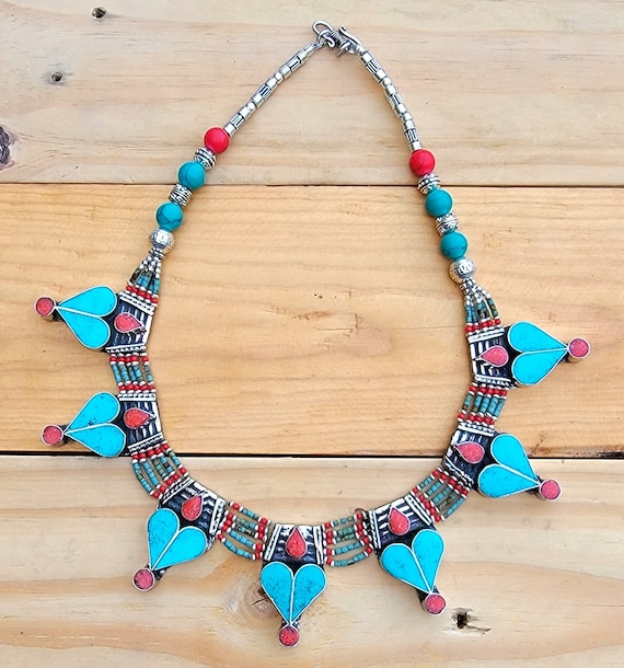 Bohemian Turquoise Necklace: Nepali Silvered Metal Statement