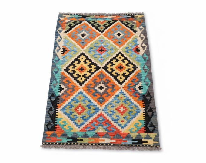 Geometric Turkish Wool Rug – Bohemian Home Decor, 4x2.5 ft