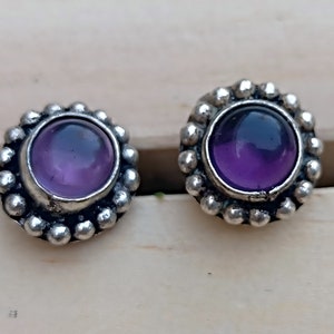 Purple Onyx Stud Earrings: Afghan Silver Coin, Boho Jewelry