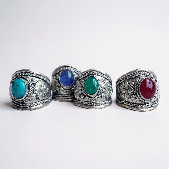 Tibetan Silver Stone Ring-  Adjustable Boho Amule… - image 5