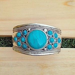 Statement bracelet Turquoise Silver Cuff Turquoise Bracelet Bohemian Bracelet.Handmade Vintage Jewelry Etched Jewelry.Beduoin Cuff zdjęcie 2