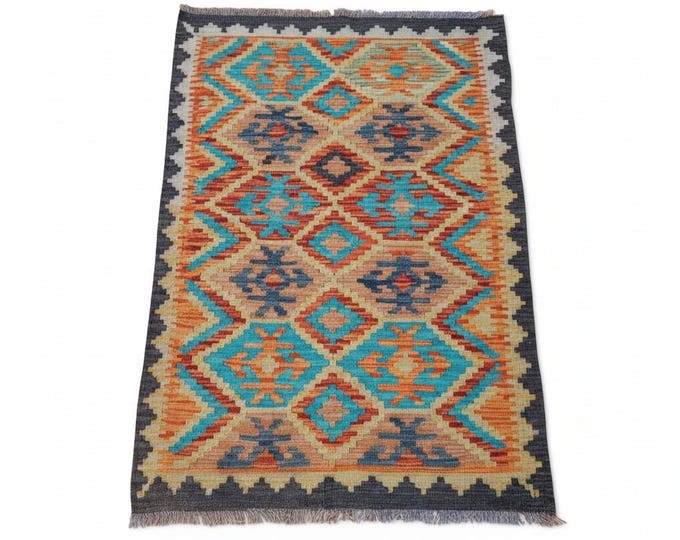 Turkish Kilim Rug- Green Wool Floor Mat- Geometric design homedecor