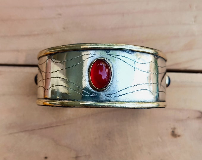 Vintage Afghan Cuff Bracelet: Red Aqeeq Stone, Gold Washed Silver