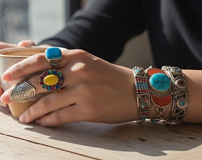 Turquoise Lapis Beaded Bracelet: Tibetan Silver Boho Handmade Jewelry