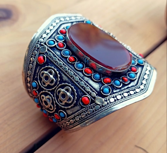 Free Shipping Rajhastani Nauratan Cuff-Silver- Aq… - image 2