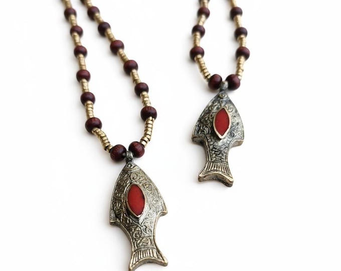 Afghan Silver Fish Pendant Necklace: Lapis Lazuli, Wood Beads- kuchi pashtun necklace