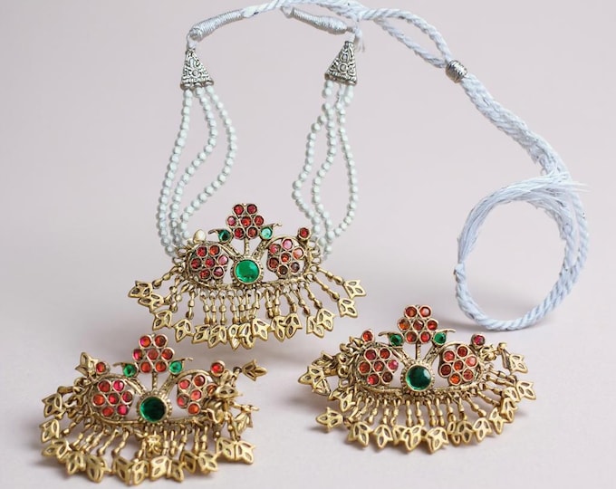 Handmade Pearl Nauratan Necklace: Tribal Ethnic Pendant-  Pakistani jewelry