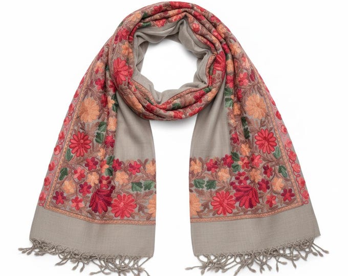 Embroidered Cashmere Shawl- Beige Pashmina scarf- Cashmere Scarf-Winter Pashmina Shawl- Cashmere stole