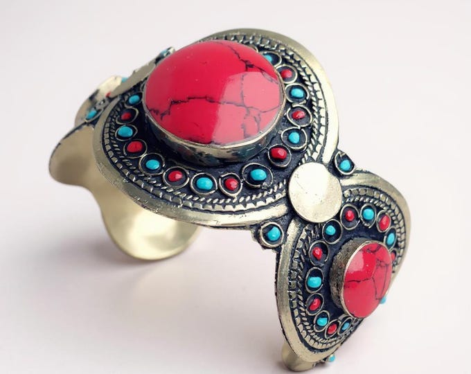 Red carnelian bracelet- Afghan coral bracelet- Handmade kuchi bracelet- Silver cuff bracelet- Pashtun jewelry