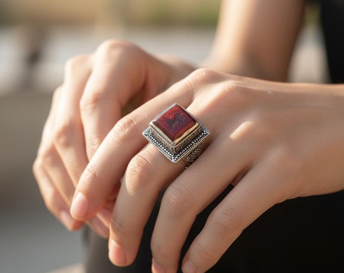 Red Aqeeq Engraved Ring- Signet jewelry Size 9