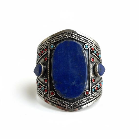 Lapis lazuli Cuff- Silver Lapis Lazuli cuff - Lapis bracelet- Tribal bracelet- Nomadic- Turquoise bracelet- Blue lapis lazuli bracelet