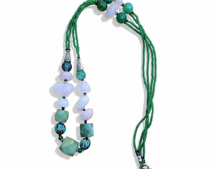 Afghan Green Jade Beaded Necklace: Sterling Silver Clasp, 15 inch