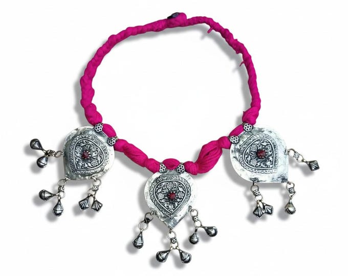 Antique Kuchi Necklace Afghan Tribal Silver Pendant Pink Rope Statement Necklace Boho Ethnic Jewelry Nomadic Turkmen Vintage Bohemian