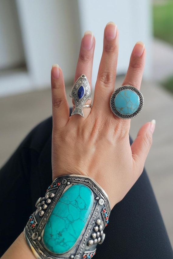 Turquoise ring- Stone ring- Novelty ring- Bohemia… - image 3