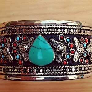 SIlver Afghan Bracelet Boho Composite Stone Wide Etched Middle Eastern Brass Ornate Turquoise Cuff Vintage Cuff