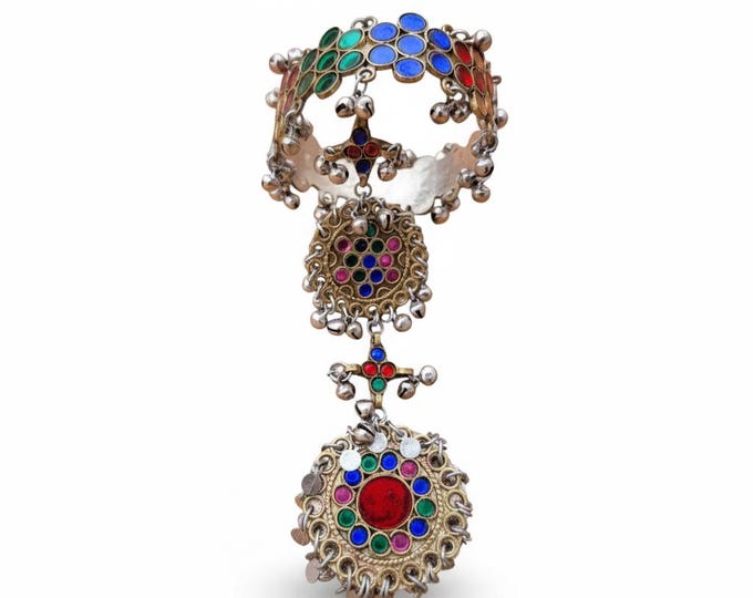 Gypsy Bellydance Ring- Afghan Jewelry- Afghan ethnic jewelry- silver antique Kuchi Jewelry- Afghan cuff bracelet- Haath Phool- Afghan Panja