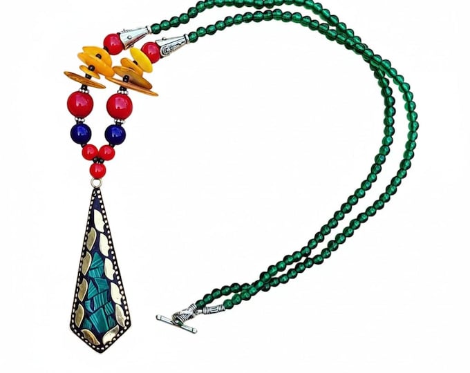 Afghan Green Onyx Necklace- Kuchi beaded pendant- Emerald green necklace