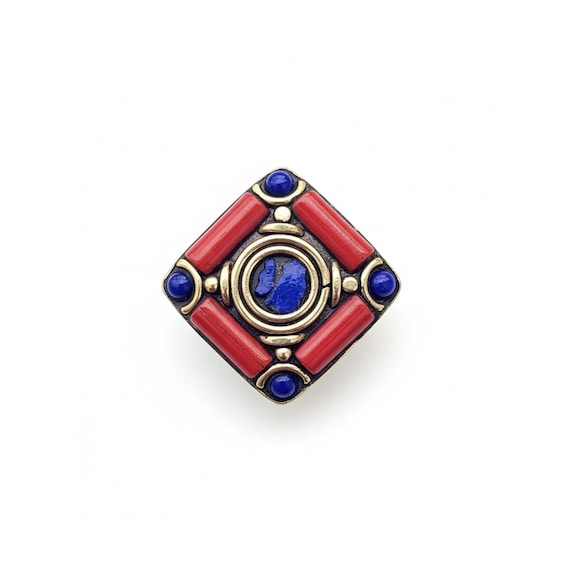 Lapis ring- Coral Mosaic ring-Nepali turquoise je… - image 2