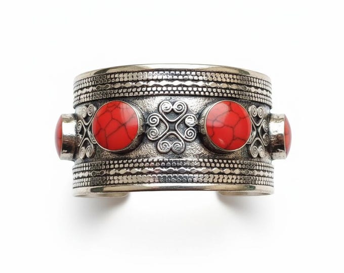 Red coral Cuff Bracelet: Tribal Kuchi Jewelry with silver & Onyx