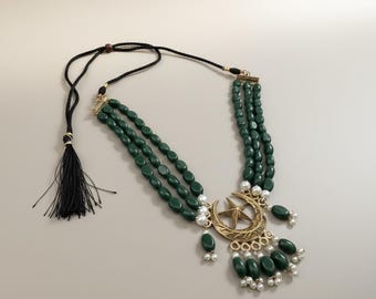 Collar de media luna: collar de capas, joyería con cuentas, collar largo de jade verde.