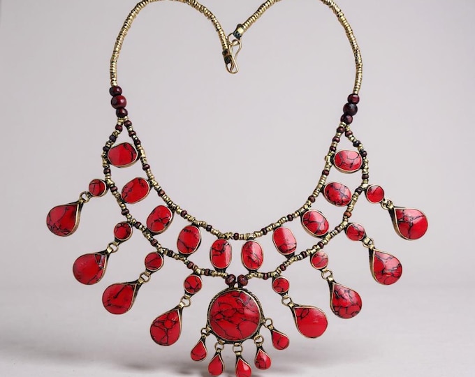 Valentine sale Bib Necklace-  ethnic- tribal- statement pendant / necklace.Red coral necklace.Bohemian Tribal Necklace.Gypsy Neck piece