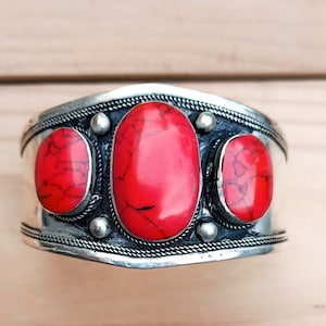 Coral Three Stone Vintage Tribal Bohemian small  Cuff Bracelet- Afghan Kuchi Jewelry
