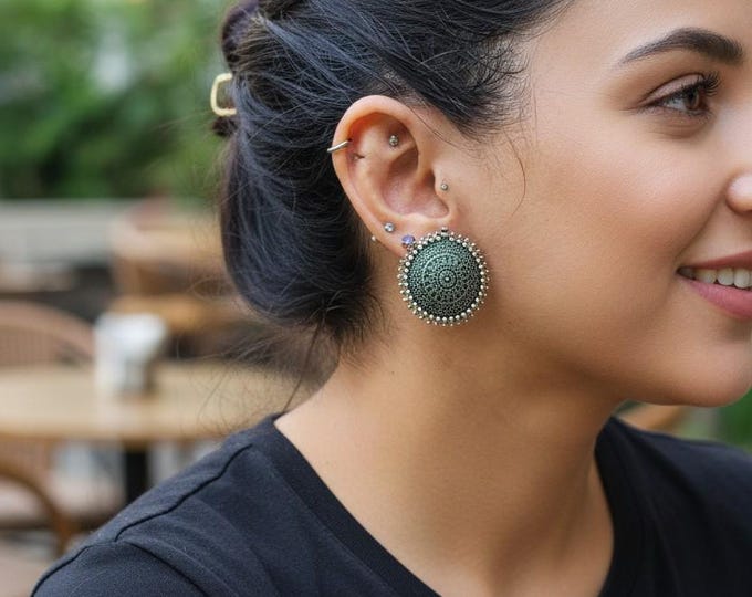Indian earrings-silver stud earring-Ethnic earring- Boho earring- Gypsy earring- Afghan earring-Pakistani jewelry- silver hoops-Silver studs