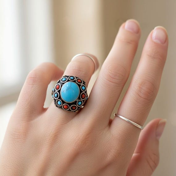 Turquoise  ring- Afghan Silver Ring.  Nomadic Rin… - image 5