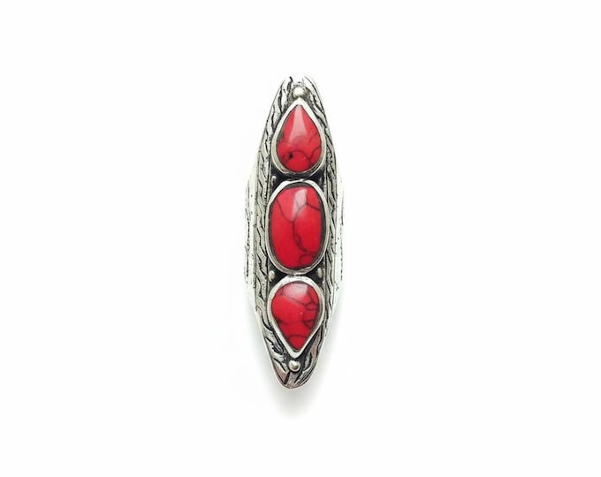 Coral Stone Ring: Afghan Kuchi Silver Saddle Ring, Size 9