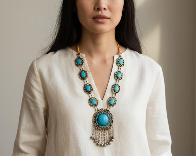 Blue turquoise layering necklace-  Ethnic kuchi jewelry- Long